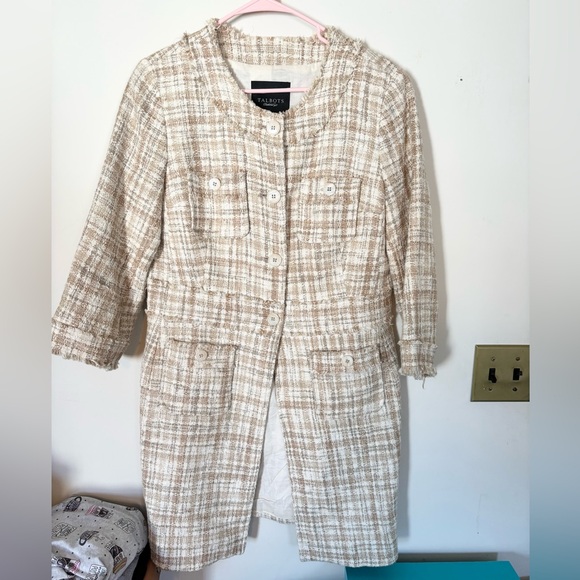 Talbots Cream And Tan Long Woven Jacket Size 10 - Picture 2 of 7